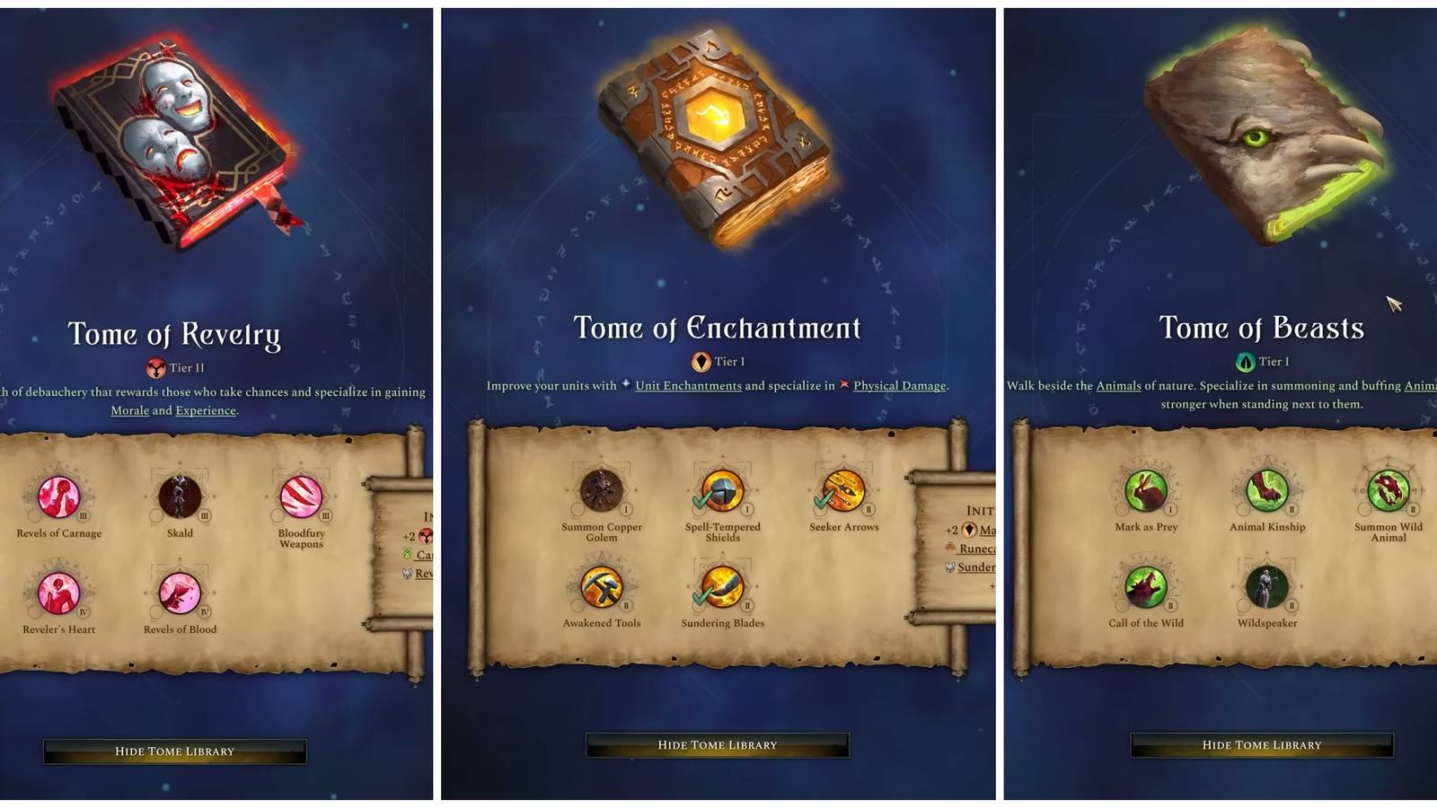 tome of revelry, tome of enchantment, tome of beasts