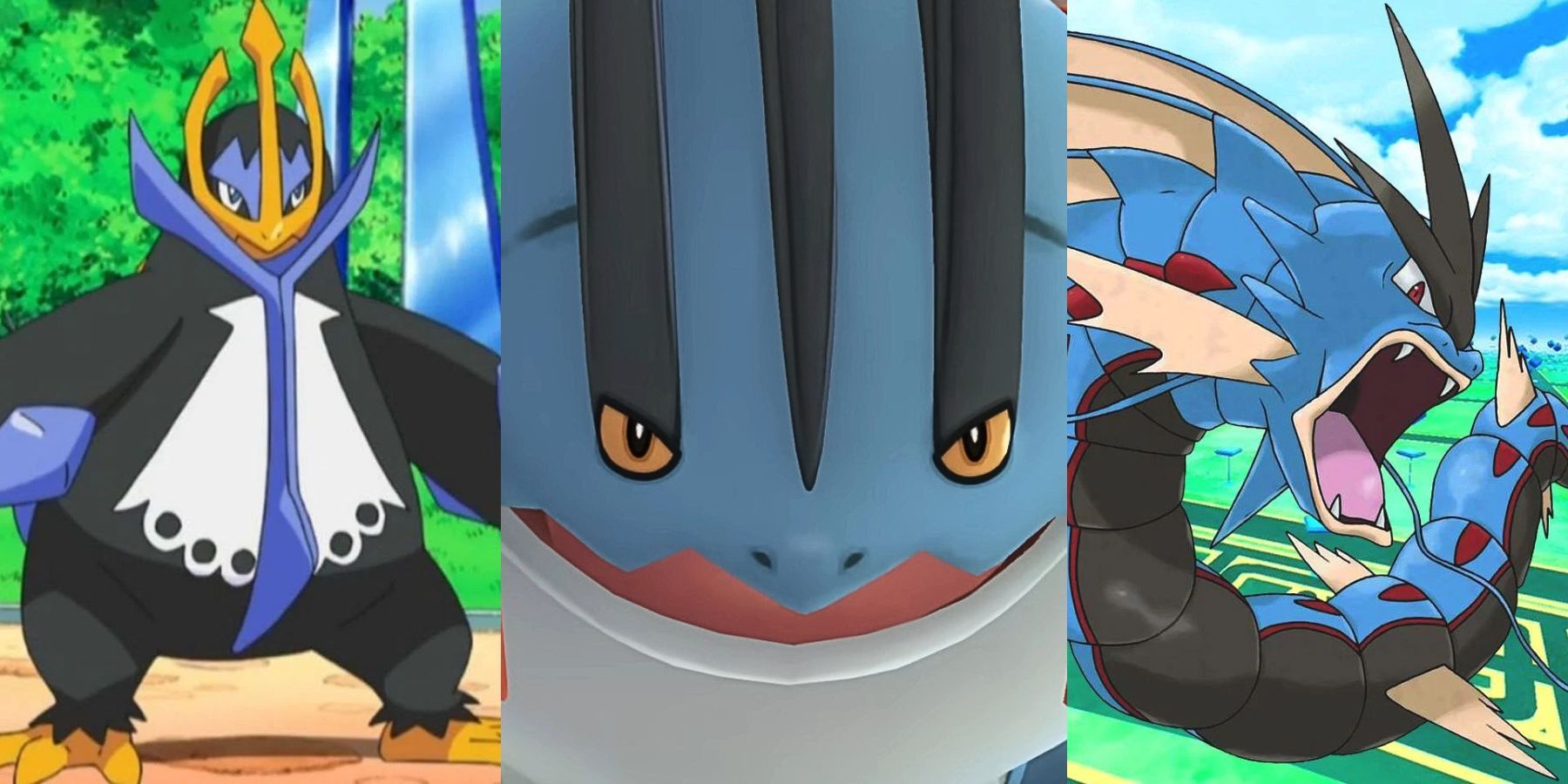 Empoleon, Swampert, and Mega Gyarados prepare to attack