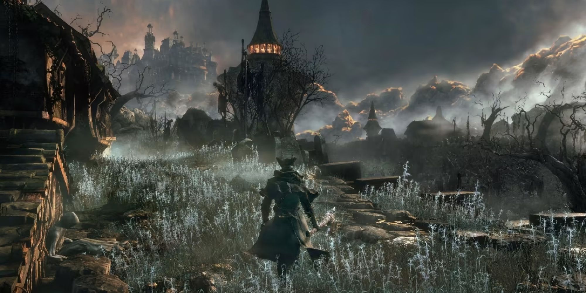 Wide-shot of the hunter walking through twisted and gothic landscapes of Bloodborne. 