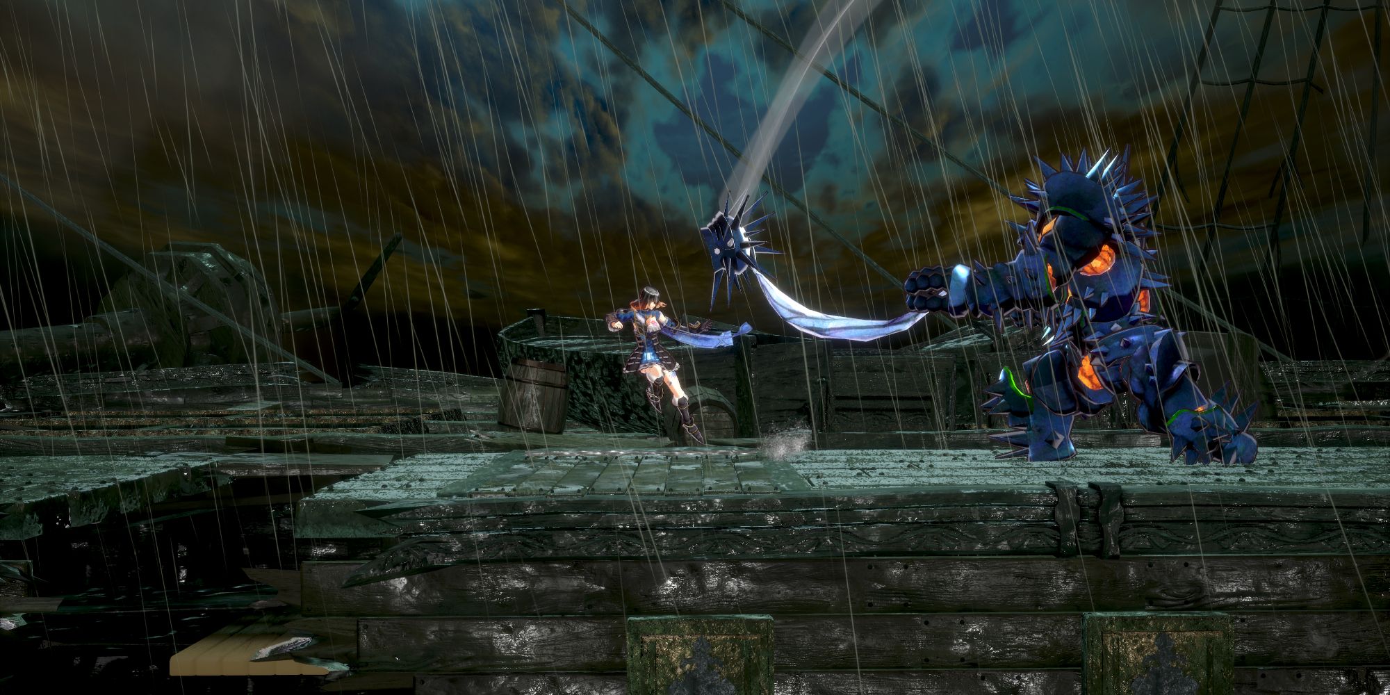 A player fighting a giant knight in the rain
