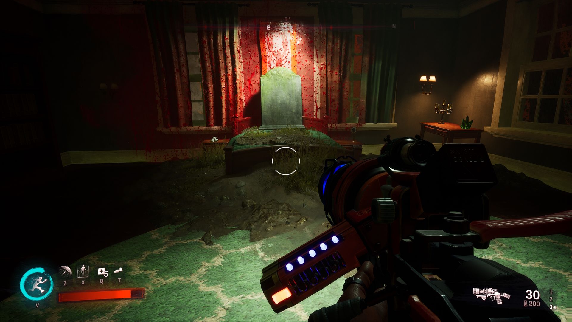 A gravestone on a bed in Bloody Tom's level in Redfall