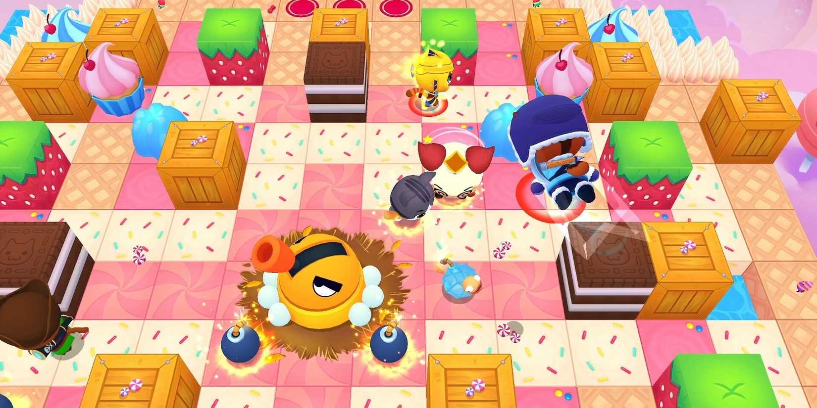 A grid-based stage that is decorated with sweets in Bombergrounds: Reborn