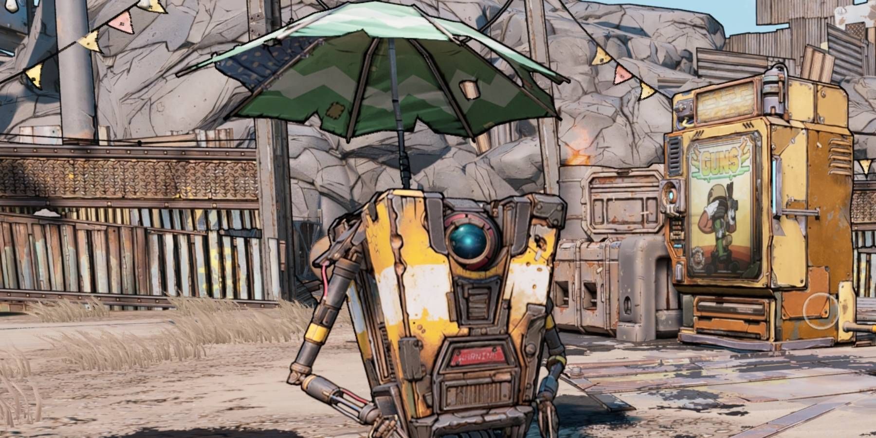 Claptrap with an umbrella from Borderlands 3