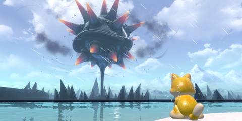 Fury Bowser's shell spinning in the sky getting ready to launch while Cat Mario watches in Bowser's Fury