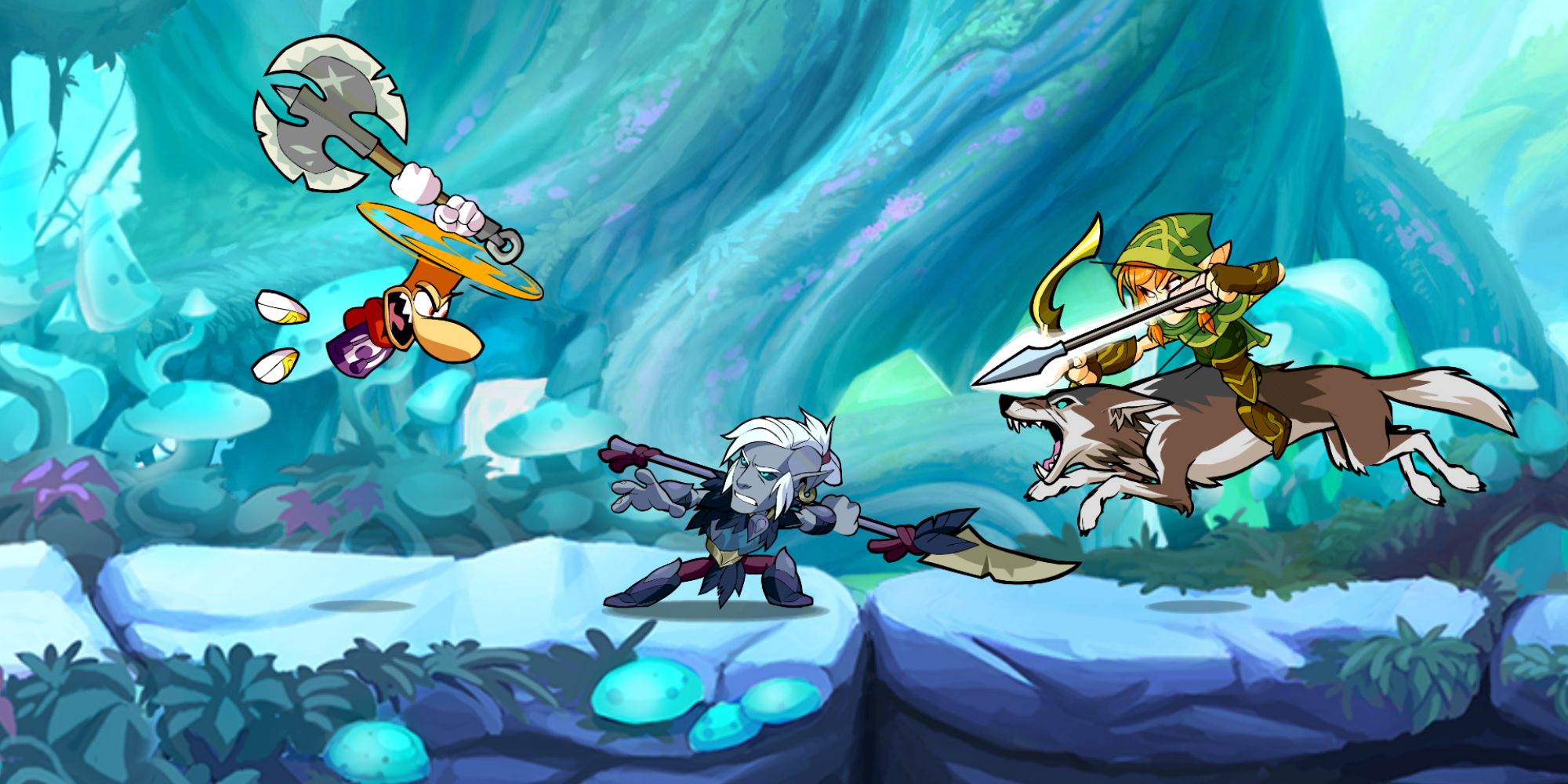 Rayman fighting two Brawlhalla characters