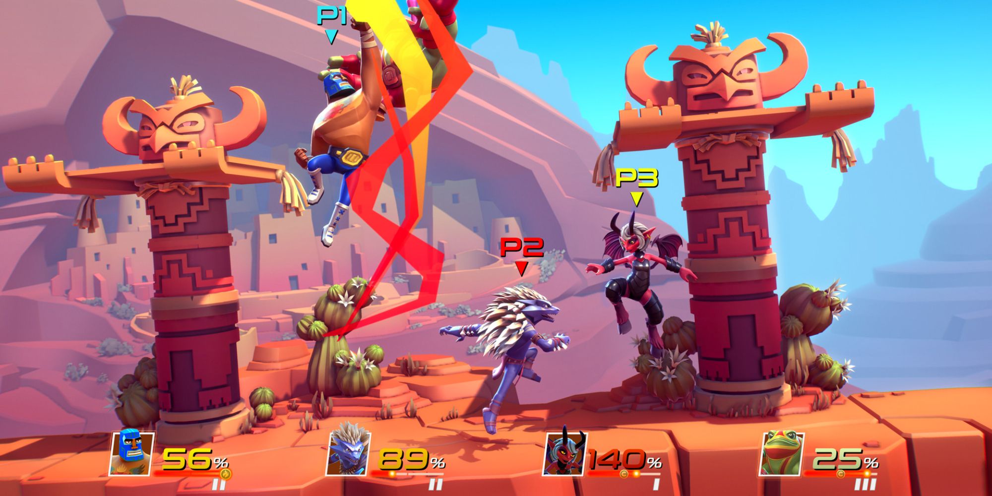 Juan and other Brawlout characters fighting in a desert