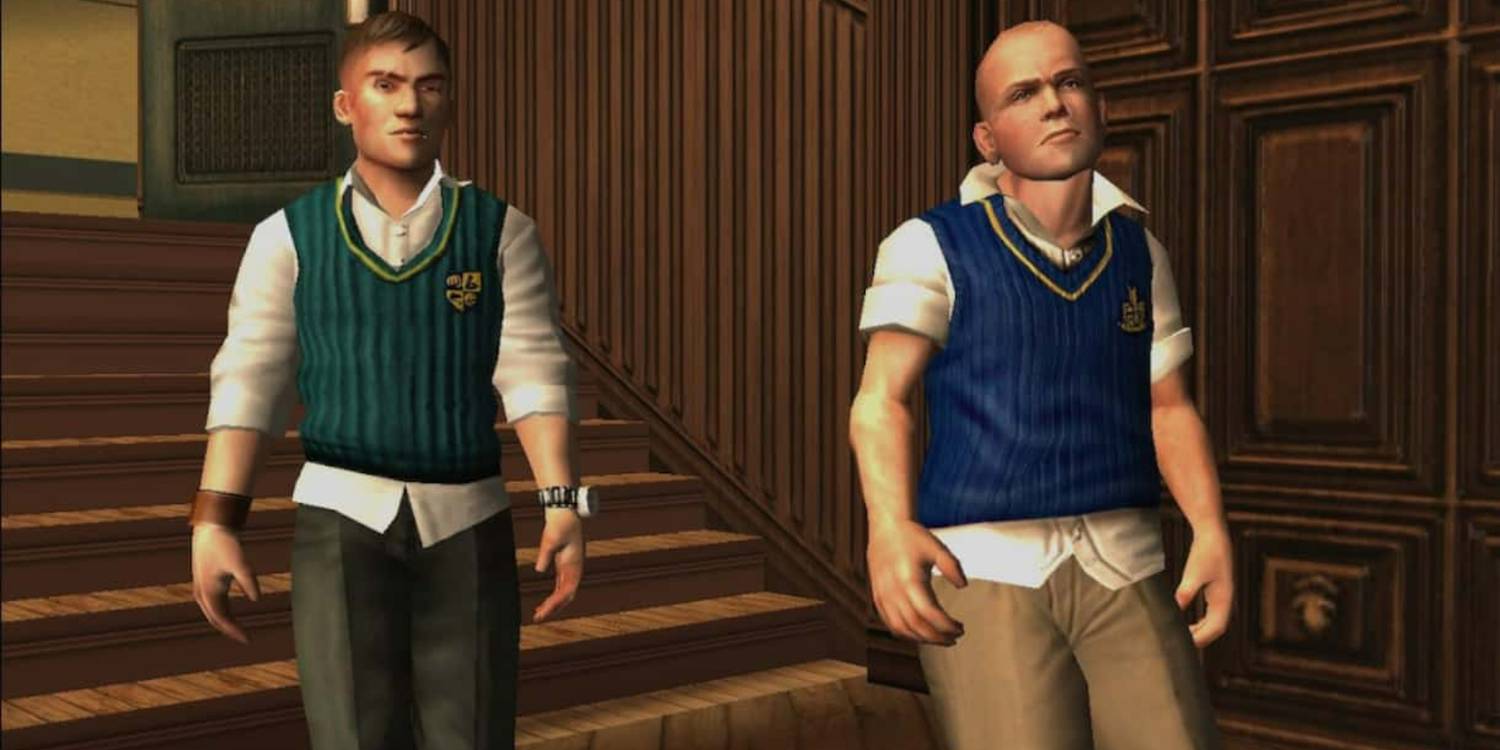 The main character from Bully. Jimmy, alongside another student. They are both wearing school uniforms with untucked shirts