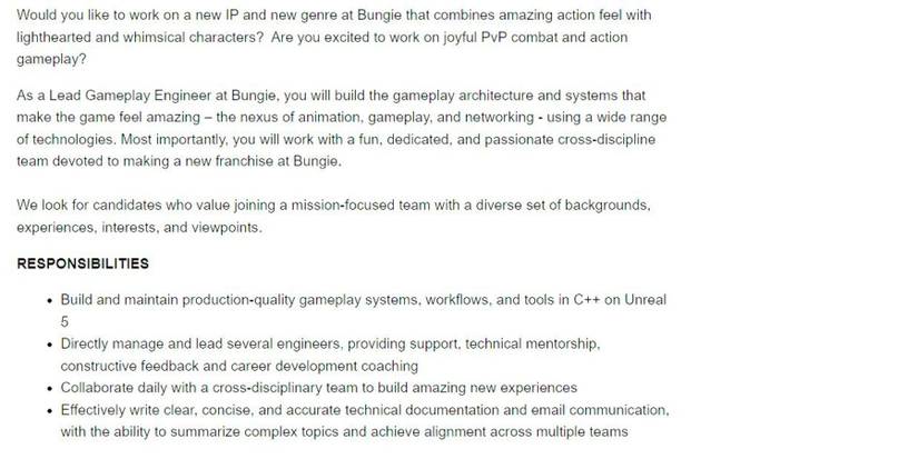 Bungie New IP on Unreal Engine 5