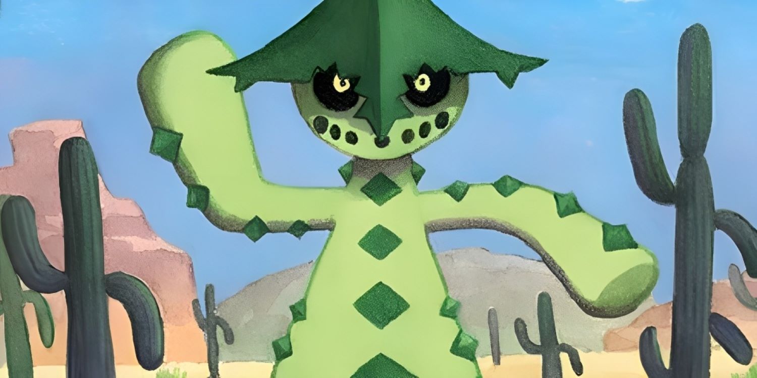 Cacturne standing beside cacti in the desert in Pokemon