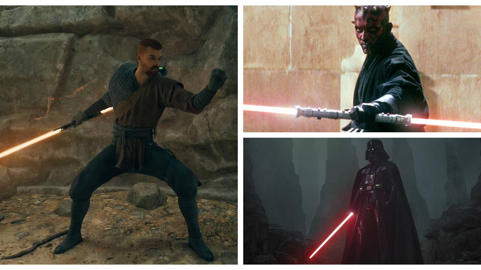 cal kestis and darth vader and darth maul with red lightsabers