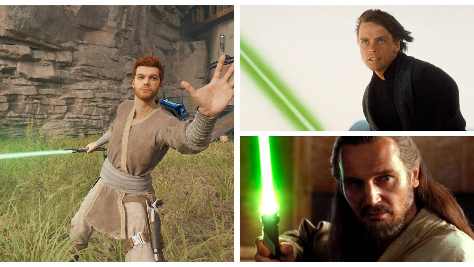 cal kestis, qui-gon jinn, luke skywalker green lightsabers
