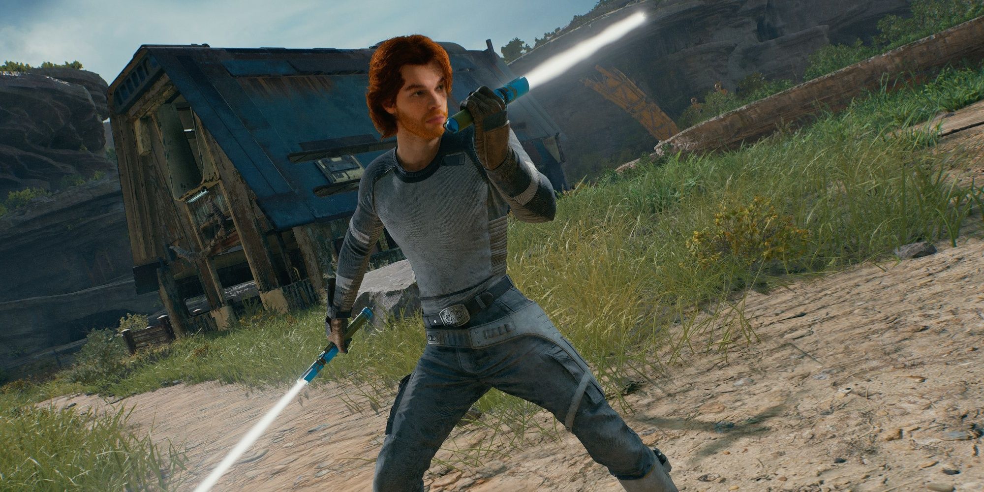 Cal wielding two Lightsabers