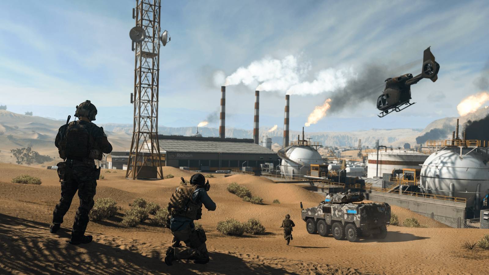 Call of Duty Modern Warfare 2 screenshot with helicopters, soldiers, and an APC