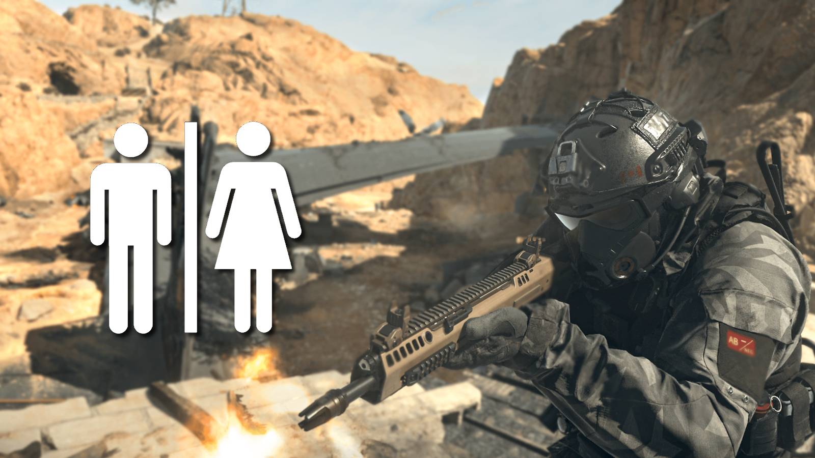 Call of Duty Warzone 2 soldier with bathroom sign icons
