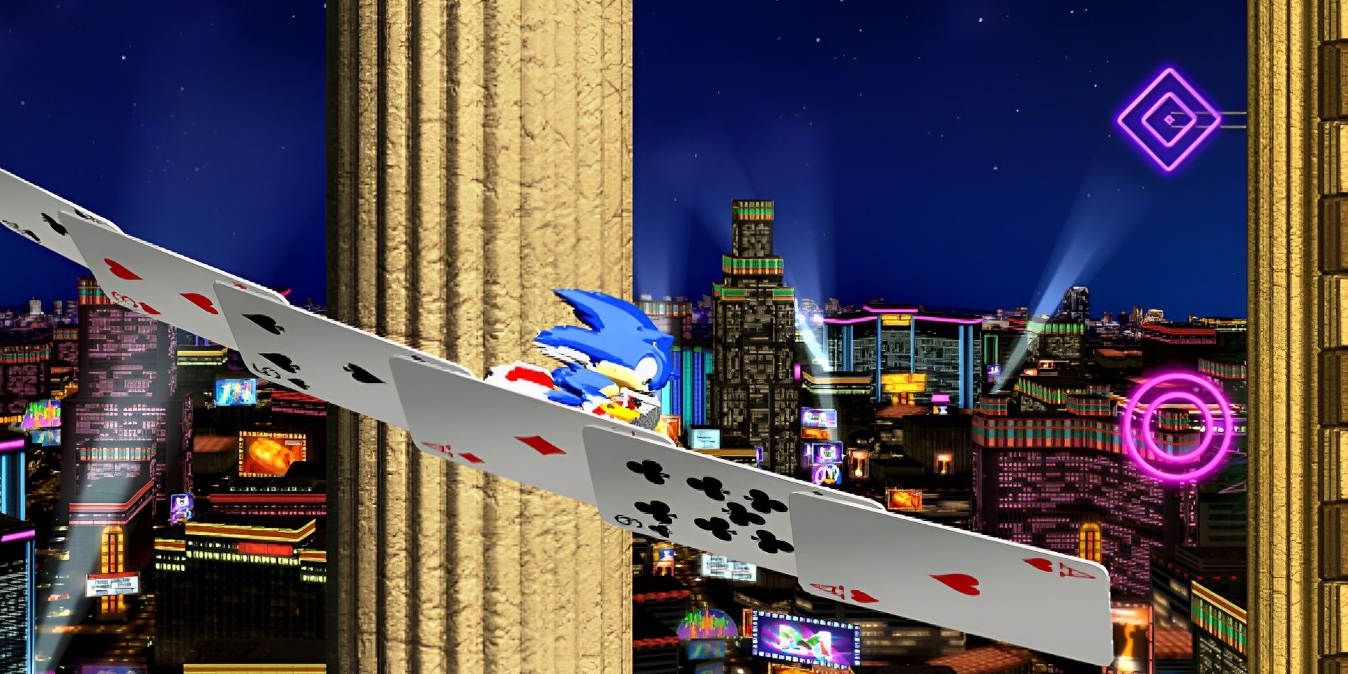 Sonic running on a trail of cards in Casino Street Zone