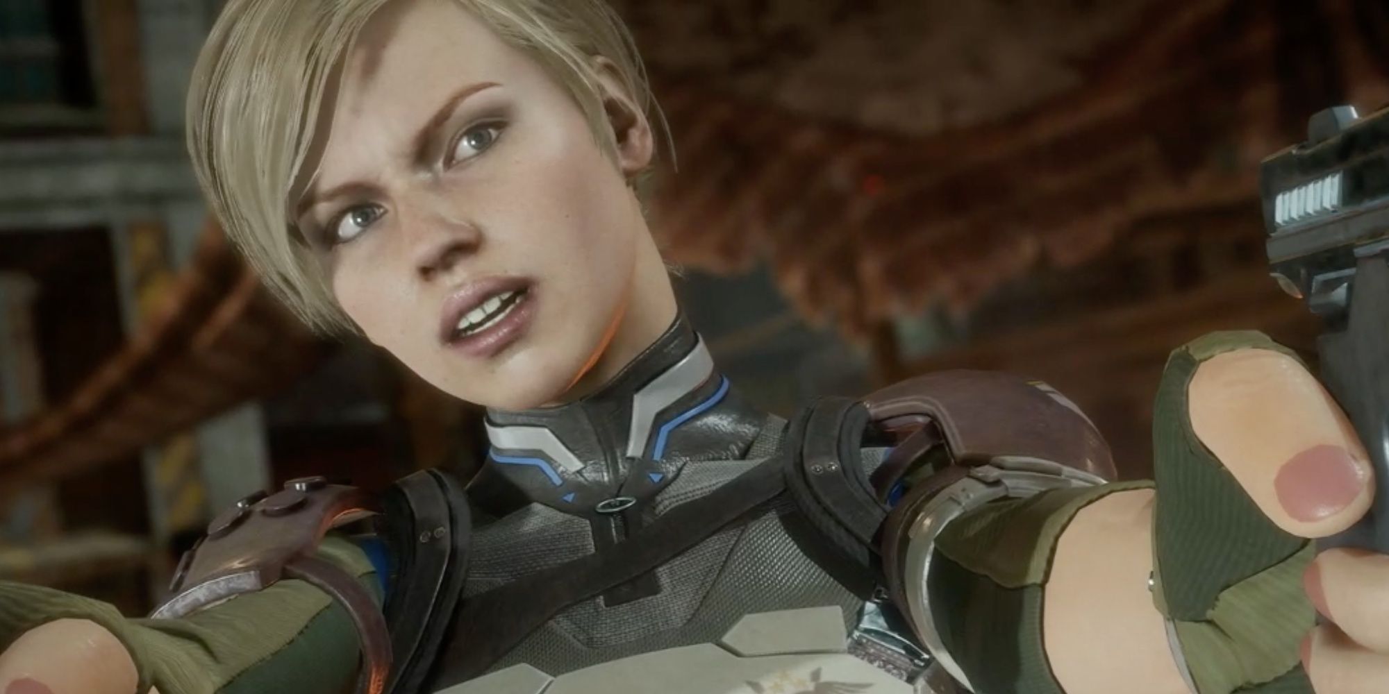 Cassie Cage sprays her opponents with bullets