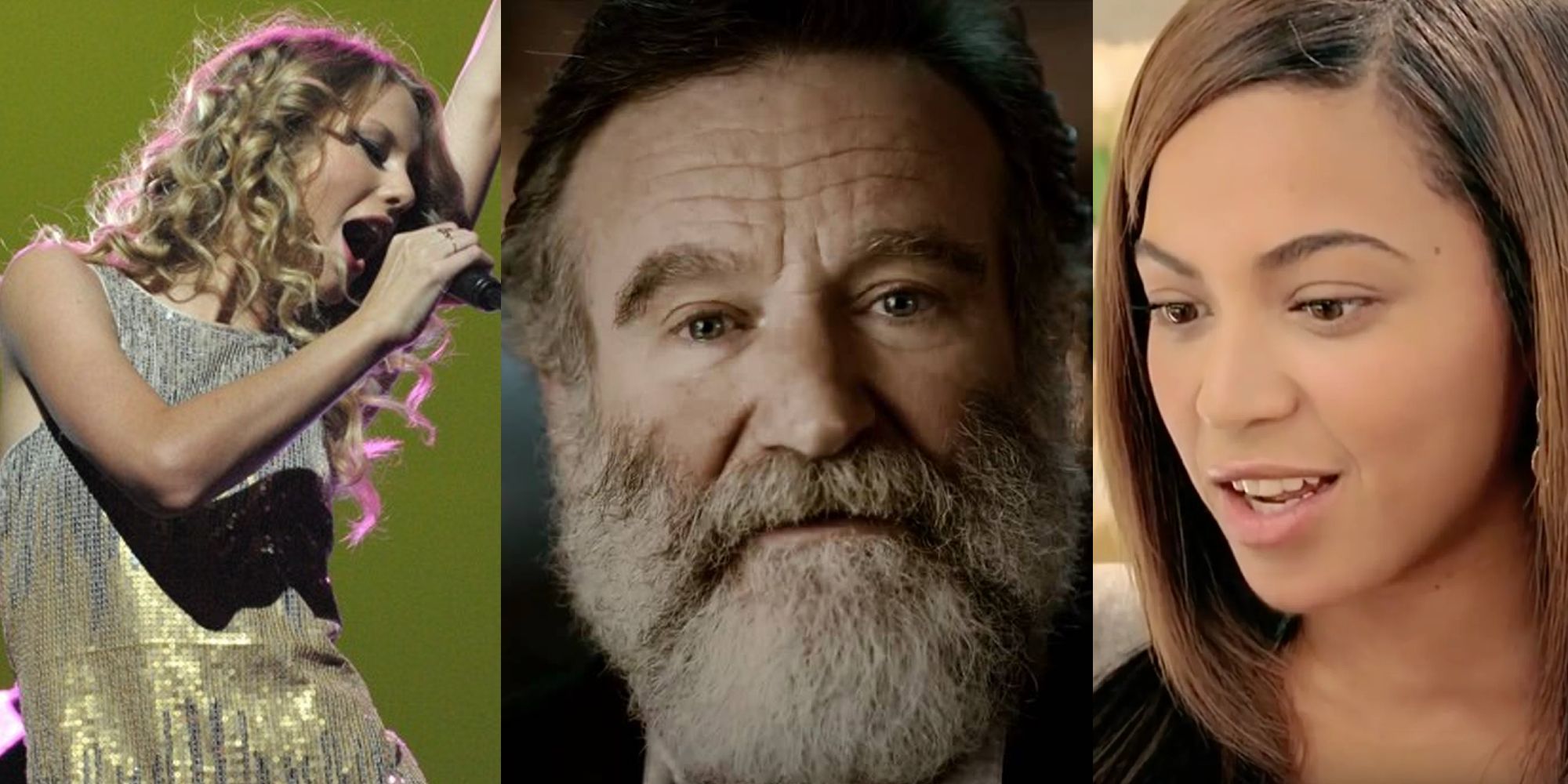 Taylor Swift filming a Band Hero commercial; Robin Williams with a beard; Beyonce playing DS
