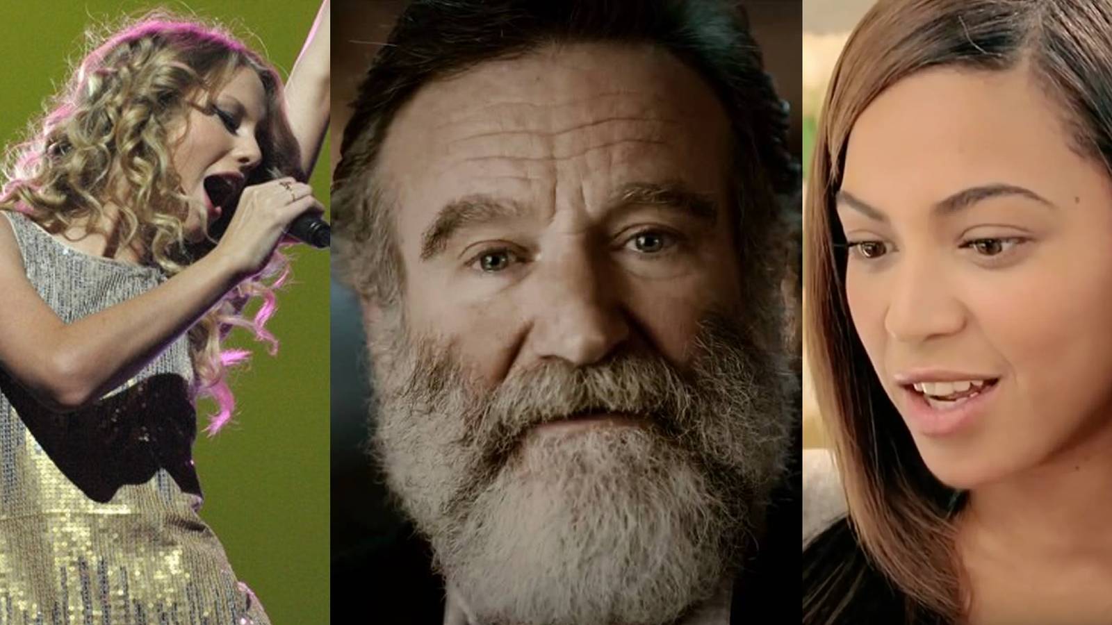 Taylor Swift filming a Band Hero commercial; Robin Williams with a beard; Beyonce playing DS