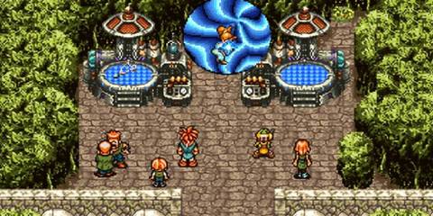 Screenshot of Chrono trigger, showing multiple character sprites together in one scene.