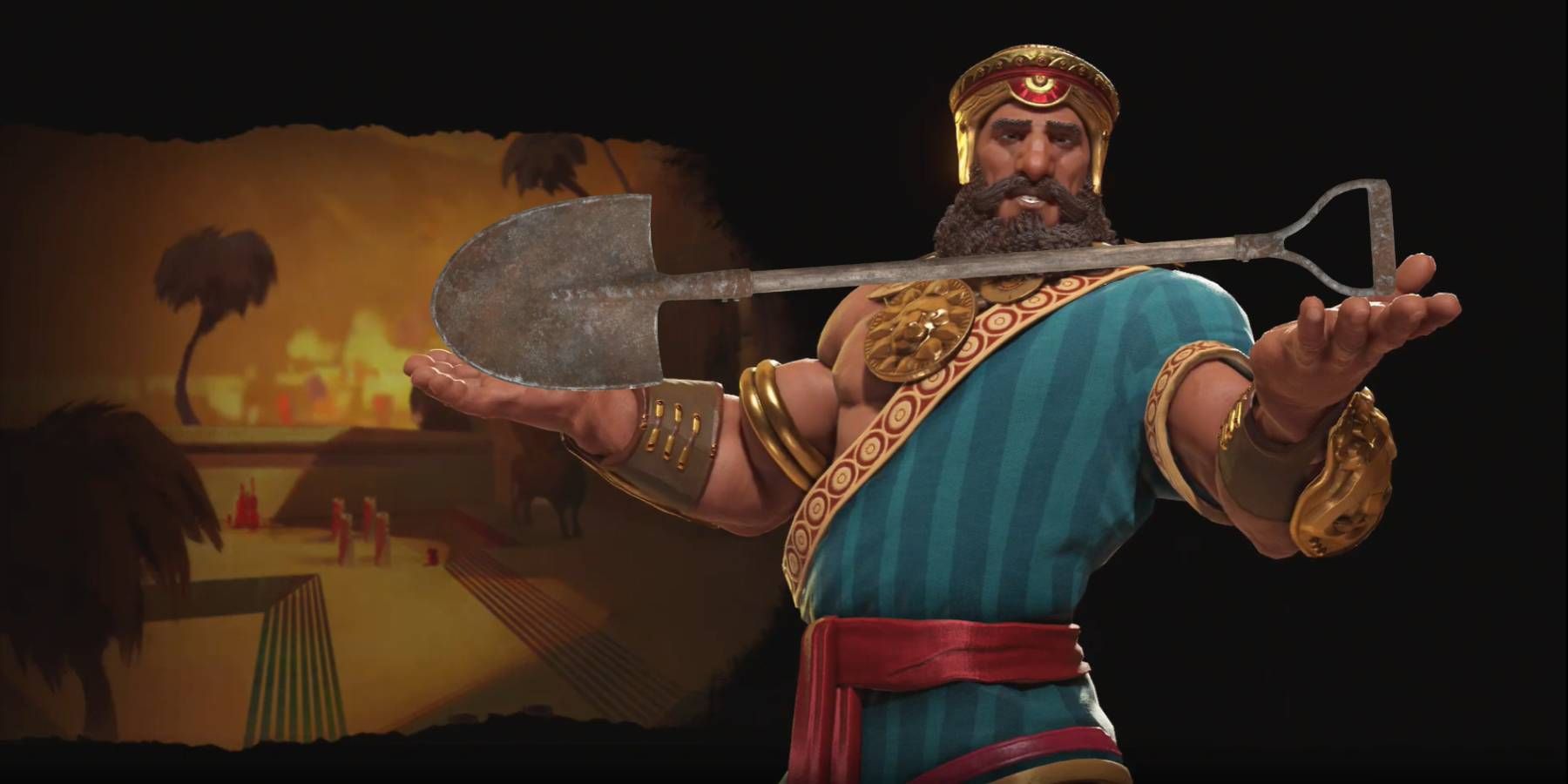 Gilgamesh from Civilization 6 holding a shovel from Fallout 76