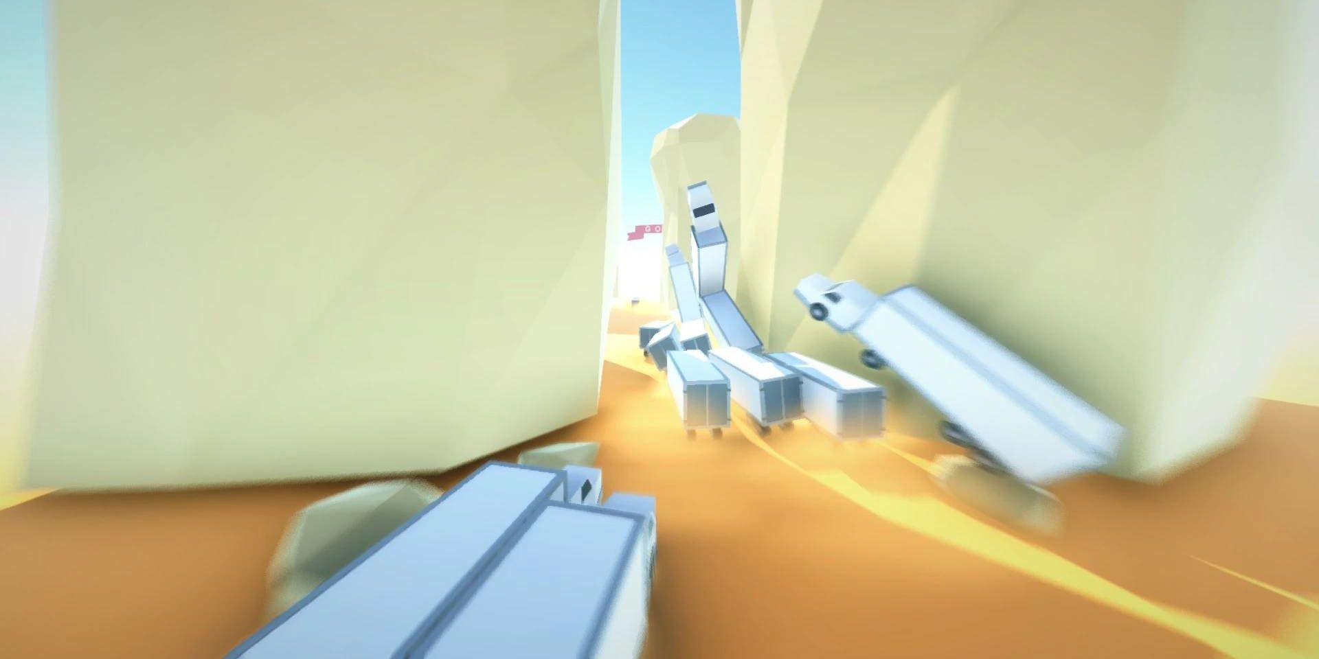 Trucks colliding with each other and boulders in Clustertruck