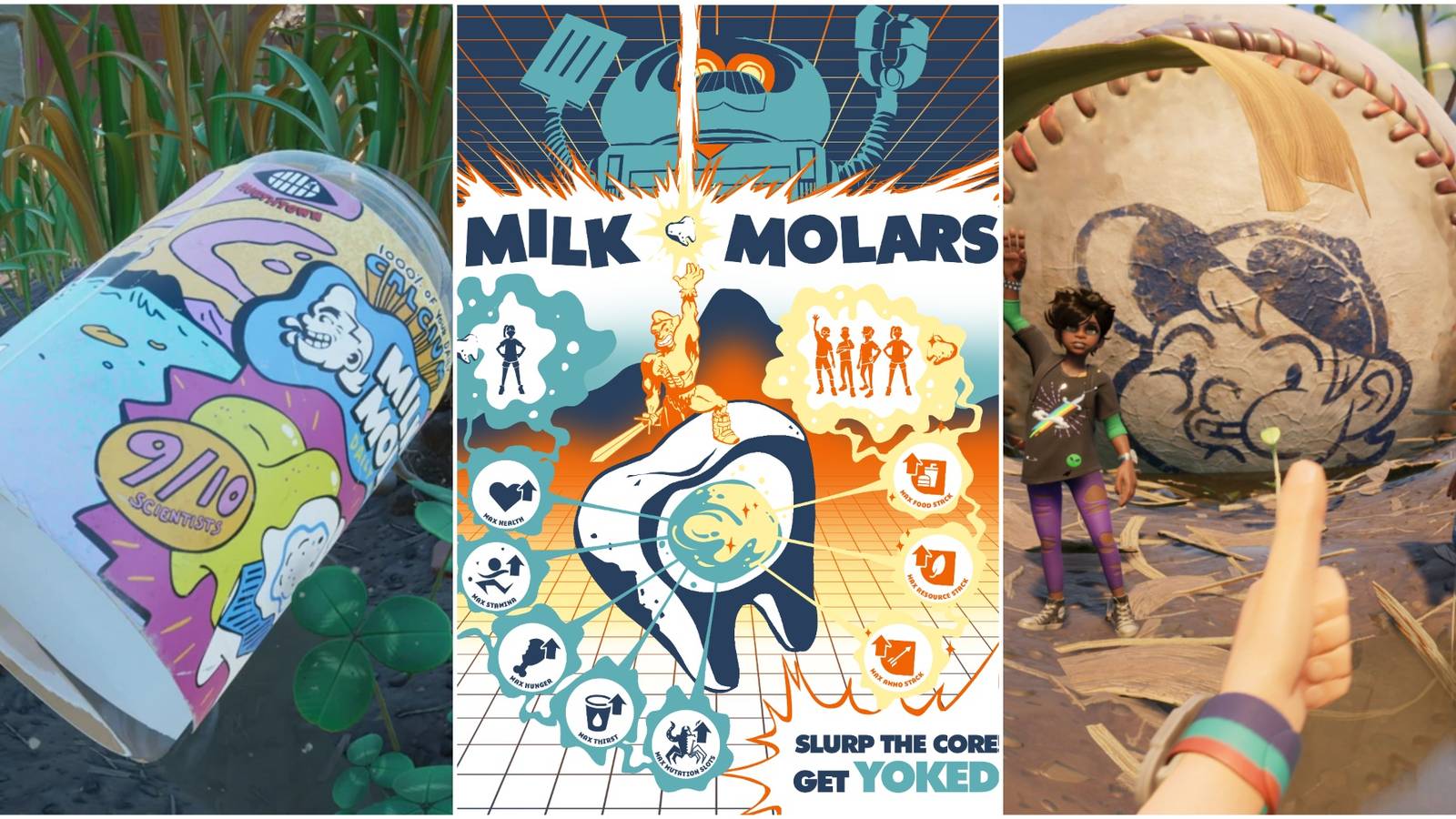 Collage Grounded milk molars bottle, poster and thumbs up with characters