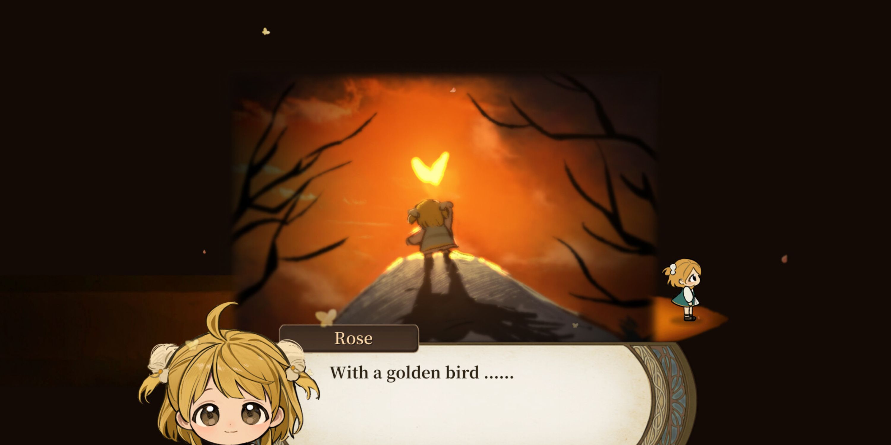 Cutscene of daughter chasing after golden bird