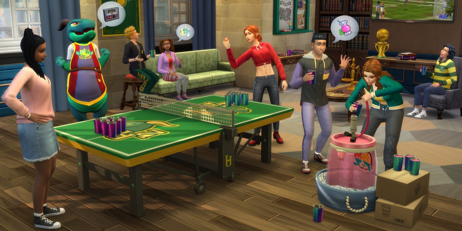 A collection of Sims play beer pong at university in The Sims 4