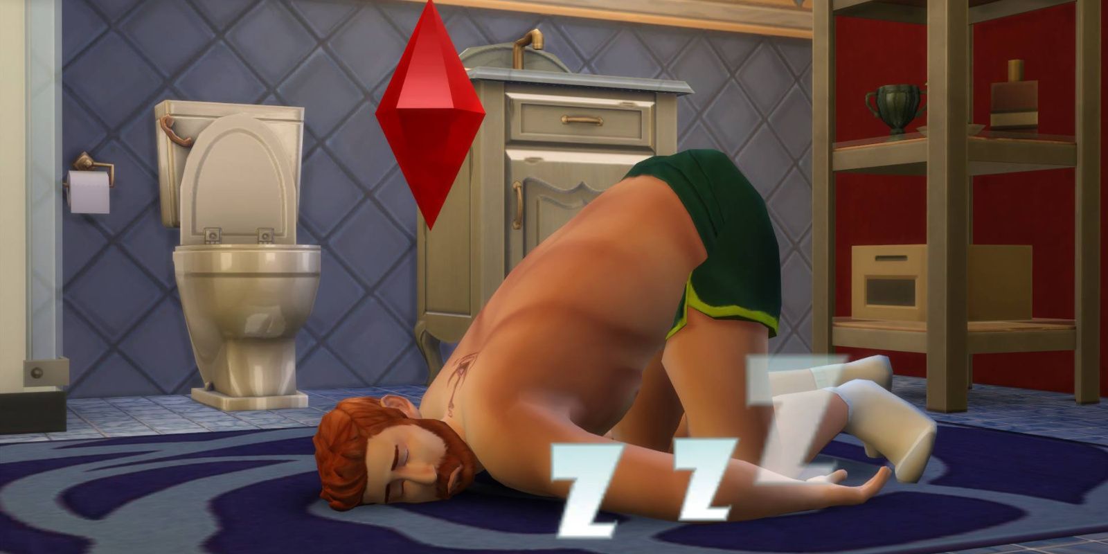 An exhausted Sim falls asleep on the floor in Sims 4