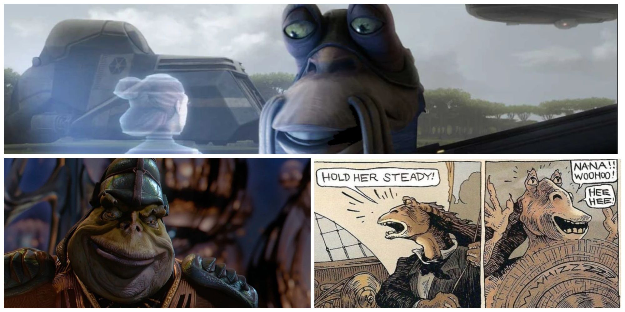 Top: General Tarpals. Bottom-Left: Boss Nass. Bottom-Right: Captain George R. Binks and Jar Jar