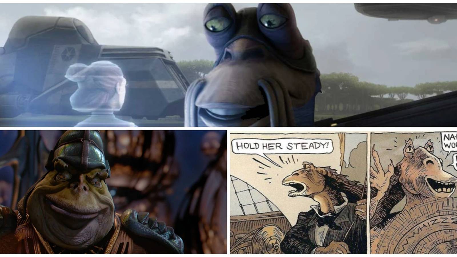 Top: General Tarpals. Bottom-Left: Boss Nass. Bottom-Right: Captain George R. Binks and Jar Jar