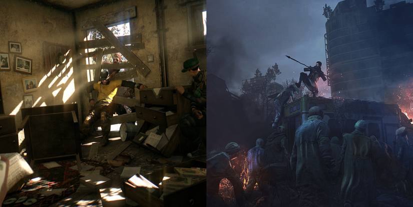 Opening cinematic of Crane and runners overwhelmed by Infected in Dying Light, main character being surrounded by horde of infected, now called Monsters in Dying Light 2