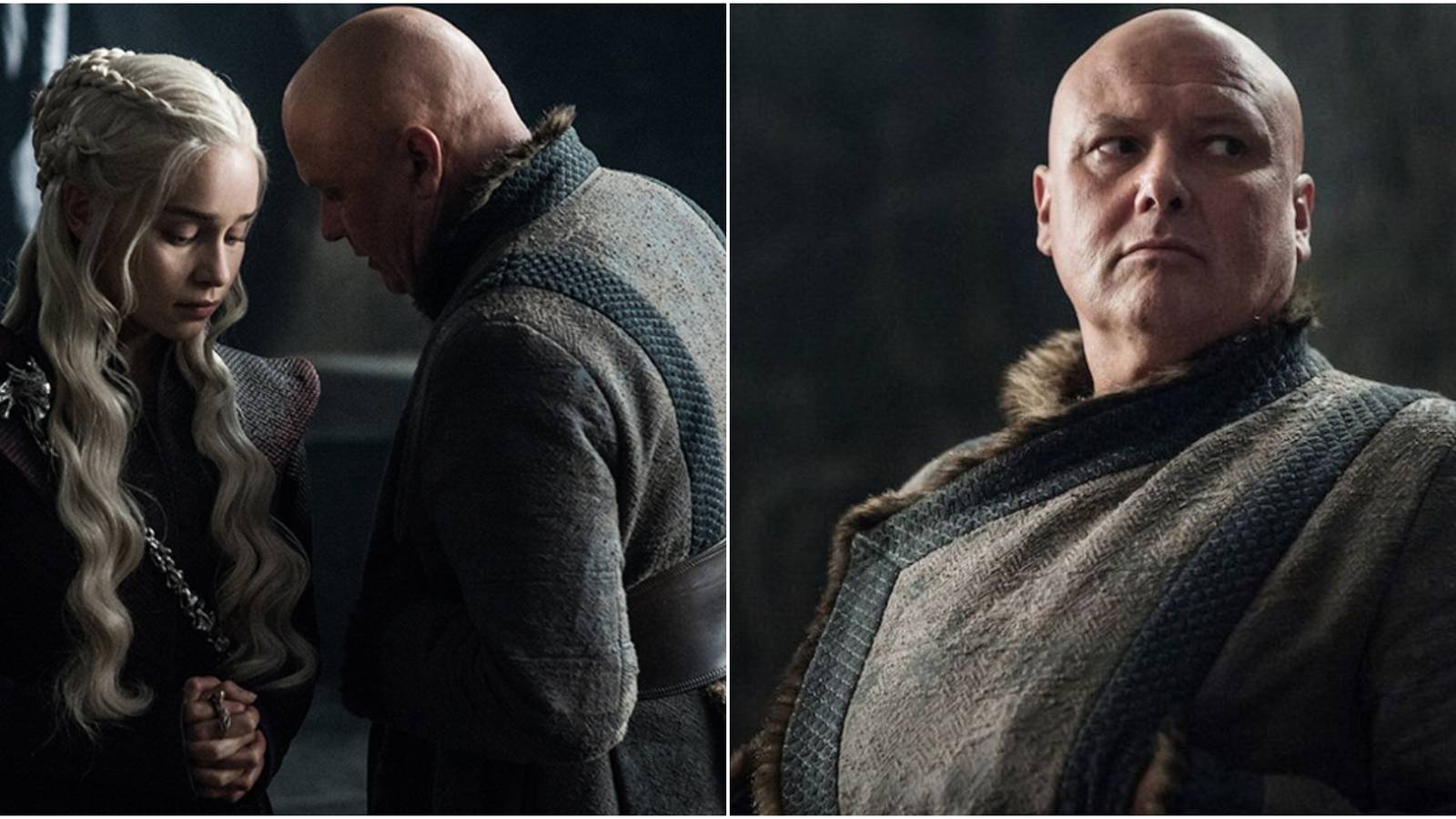 Split image of Daenerys Targaryen and Lord Varys in Game of Thrones.