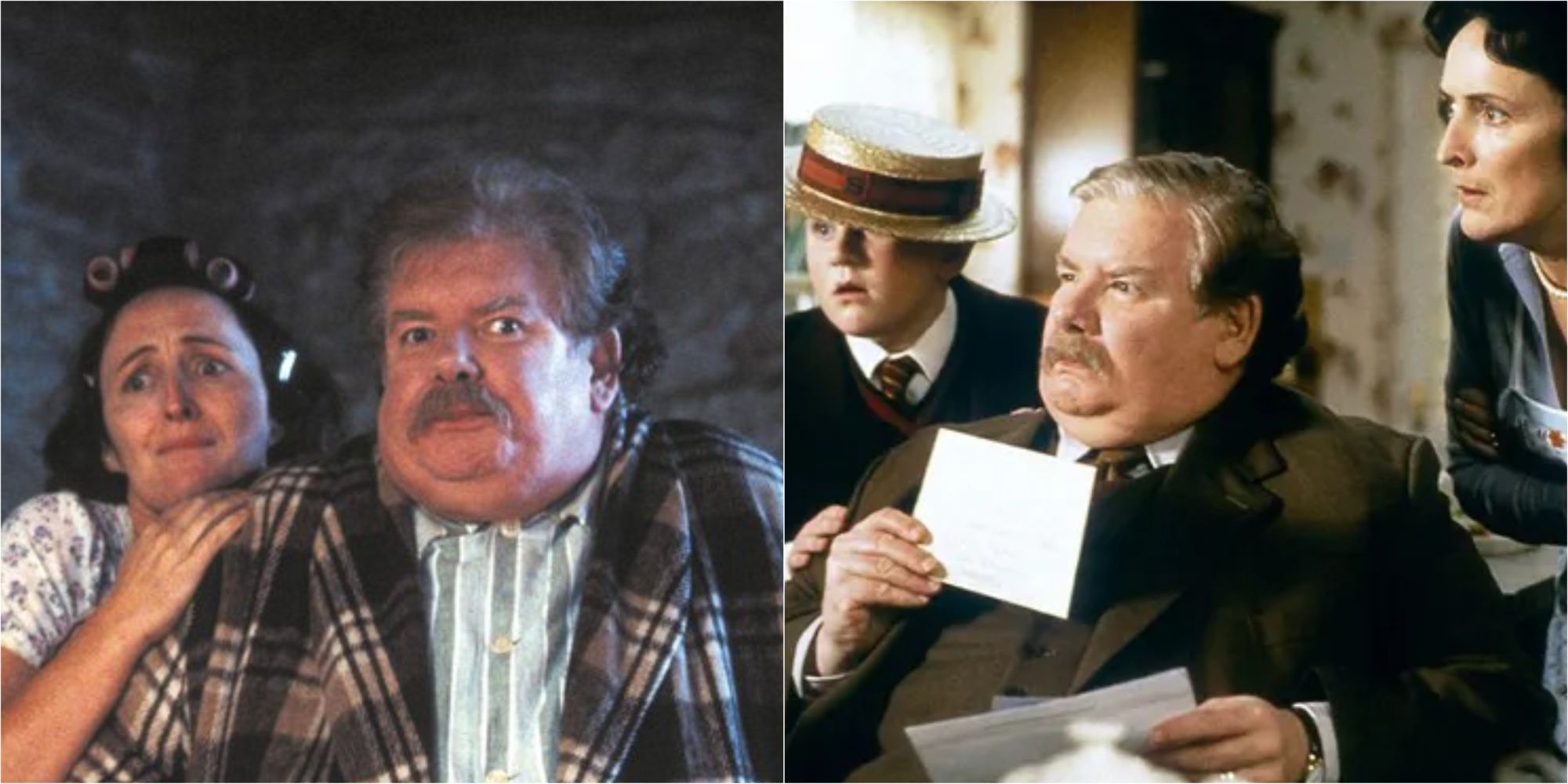 Split image of the Dursley family in Harry Potter.