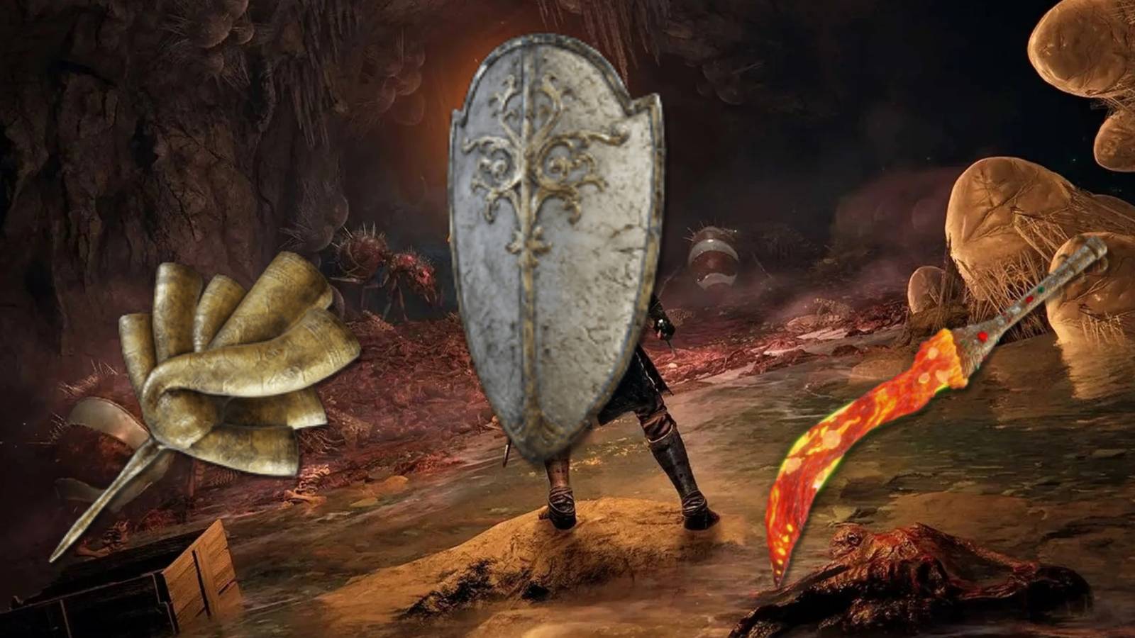Rare Elden Ring Weapons including Envoy's Greathorn, Haligtree Crest Greatshield and Magma blade displayed on a dark background
