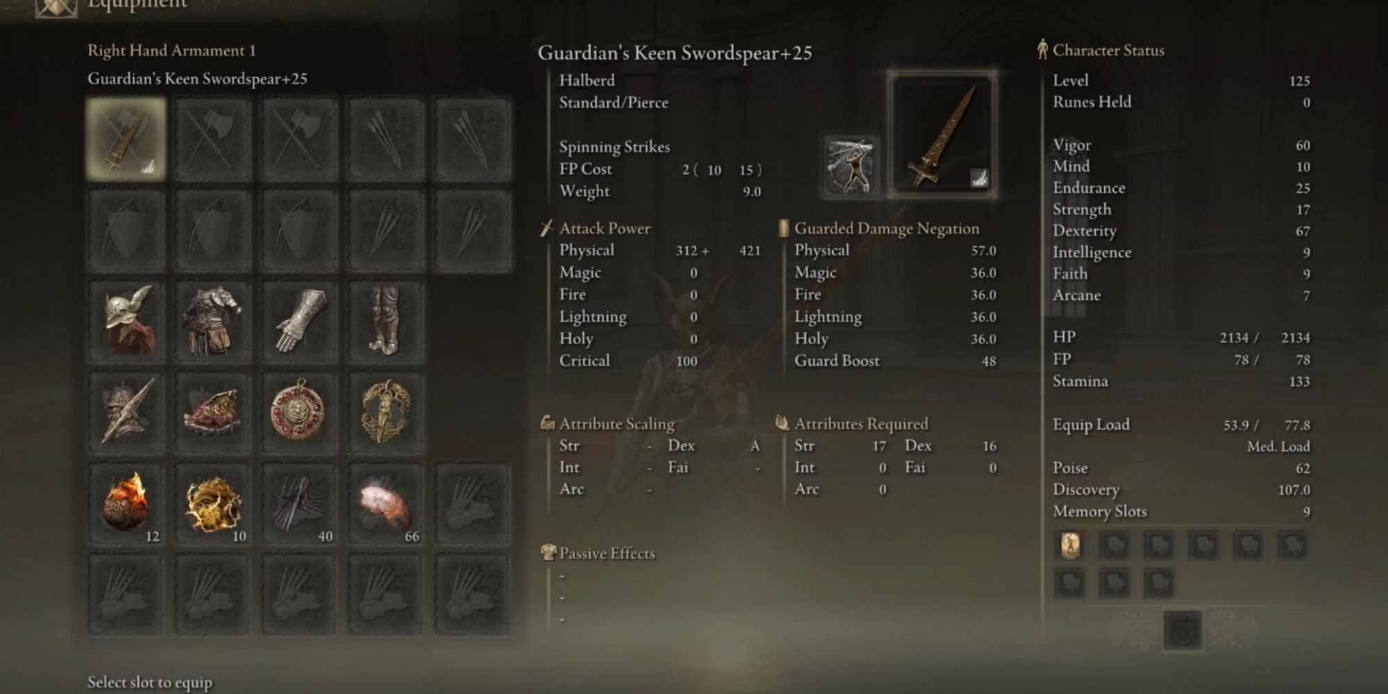 Gaurdian Swordspear weapon showcase in Elden Ring with statistics