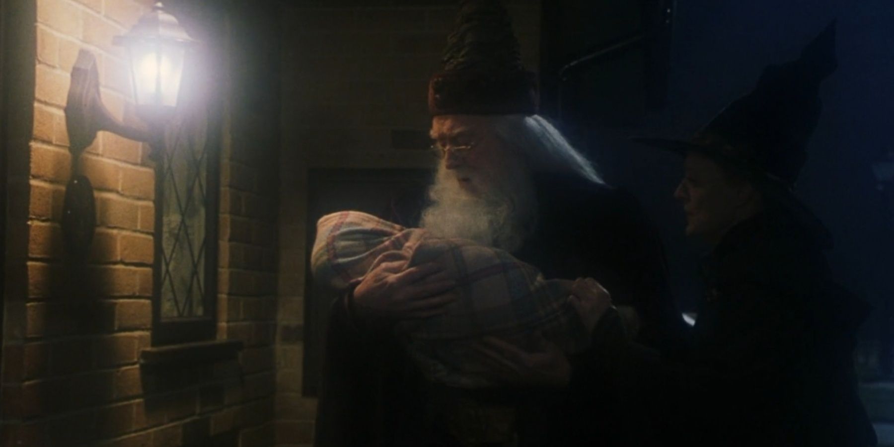 Albus Dumbledore and Minerva McGonagall with infant Harry in Harry Potter.