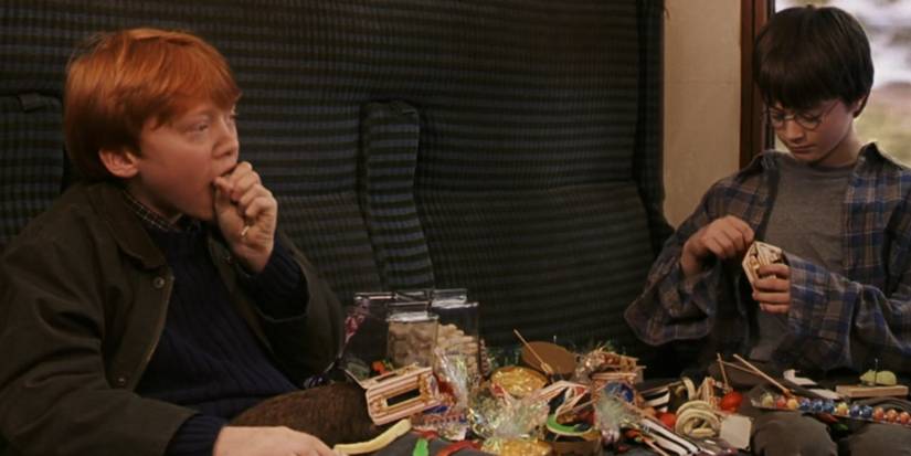 Ron Weasley and Harry Potter eating candies on the Hogwarts Express in Harry Potter.