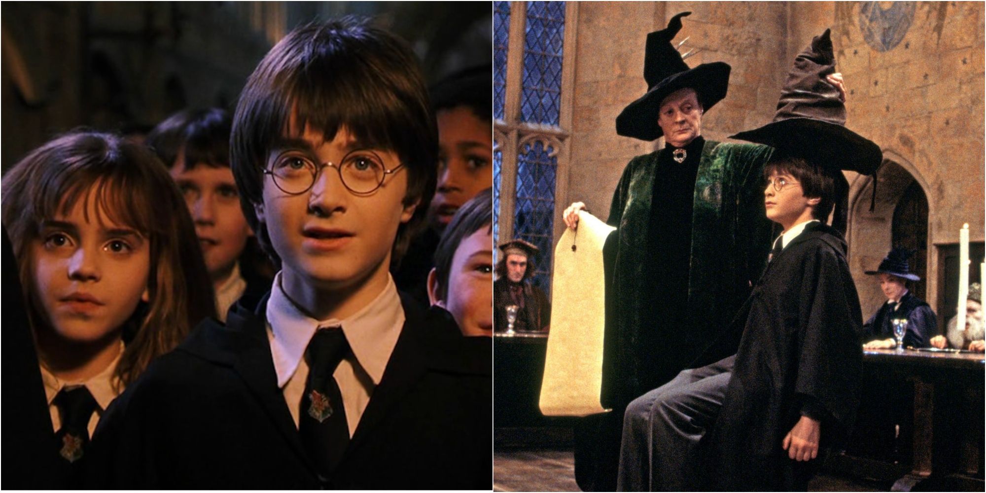 Split image of Hermione Granger, and Harry Potter and Minerva Mcgonagall at Sorting Ceremony in Harry Potter.