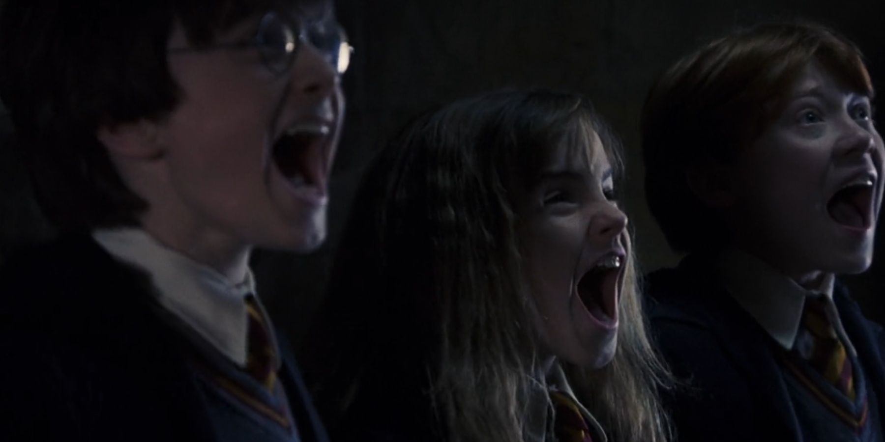 Harry, Hermione and Ron scream in Harry Potter and the Philosopher's Stone.