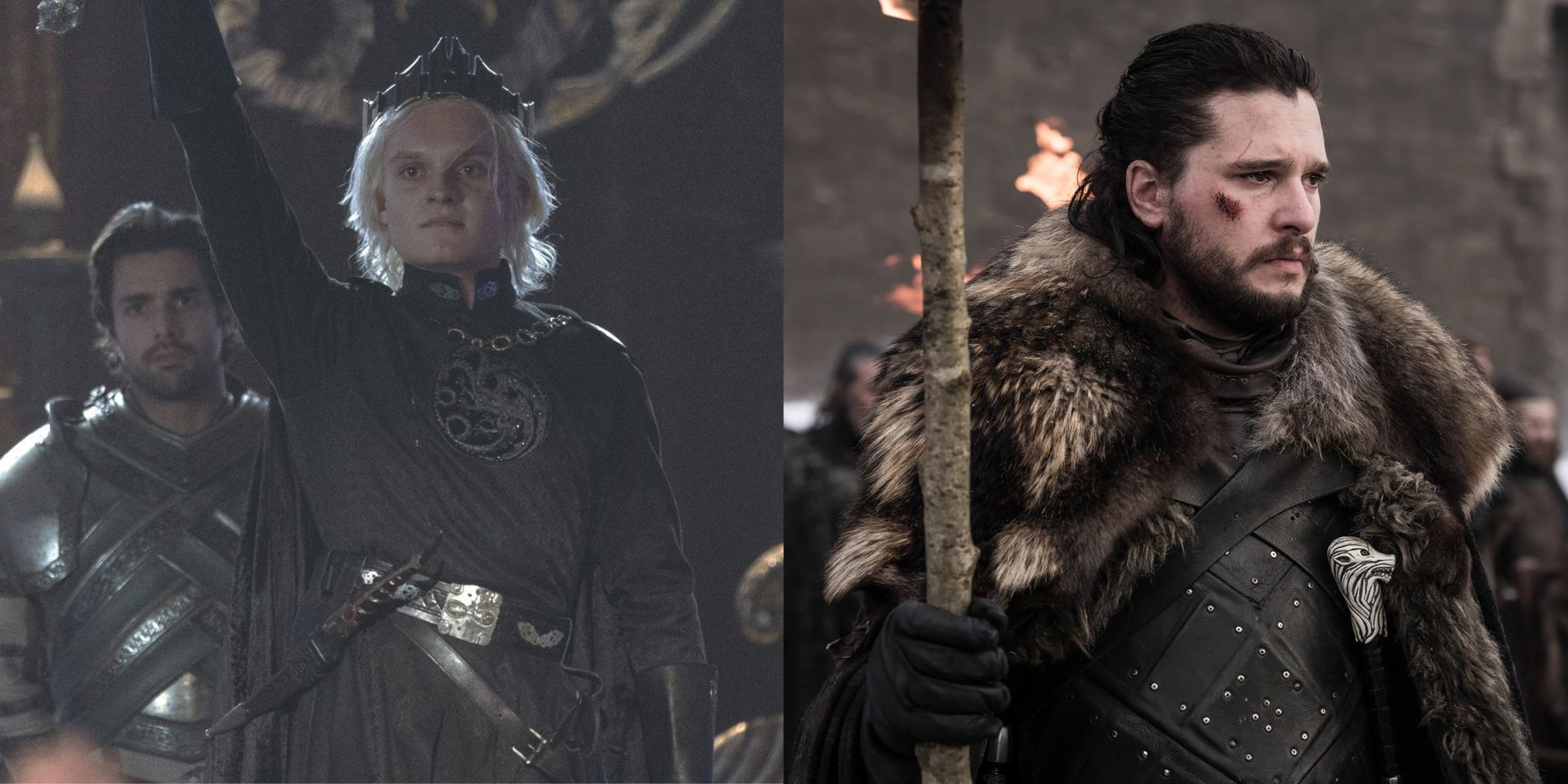 Split image of Aegon II Targaryen in House of the Dragon and Jon Snow in Game of Thrones.