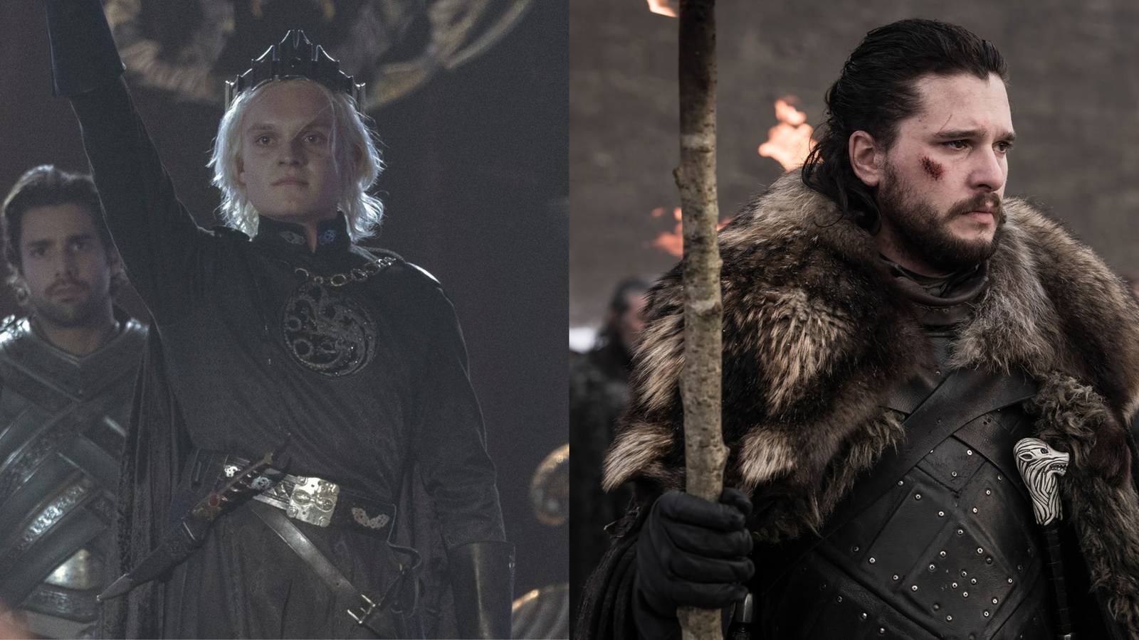 Split image of Aegon II Targaryen in House of the Dragon and Jon Snow in Game of Thrones.