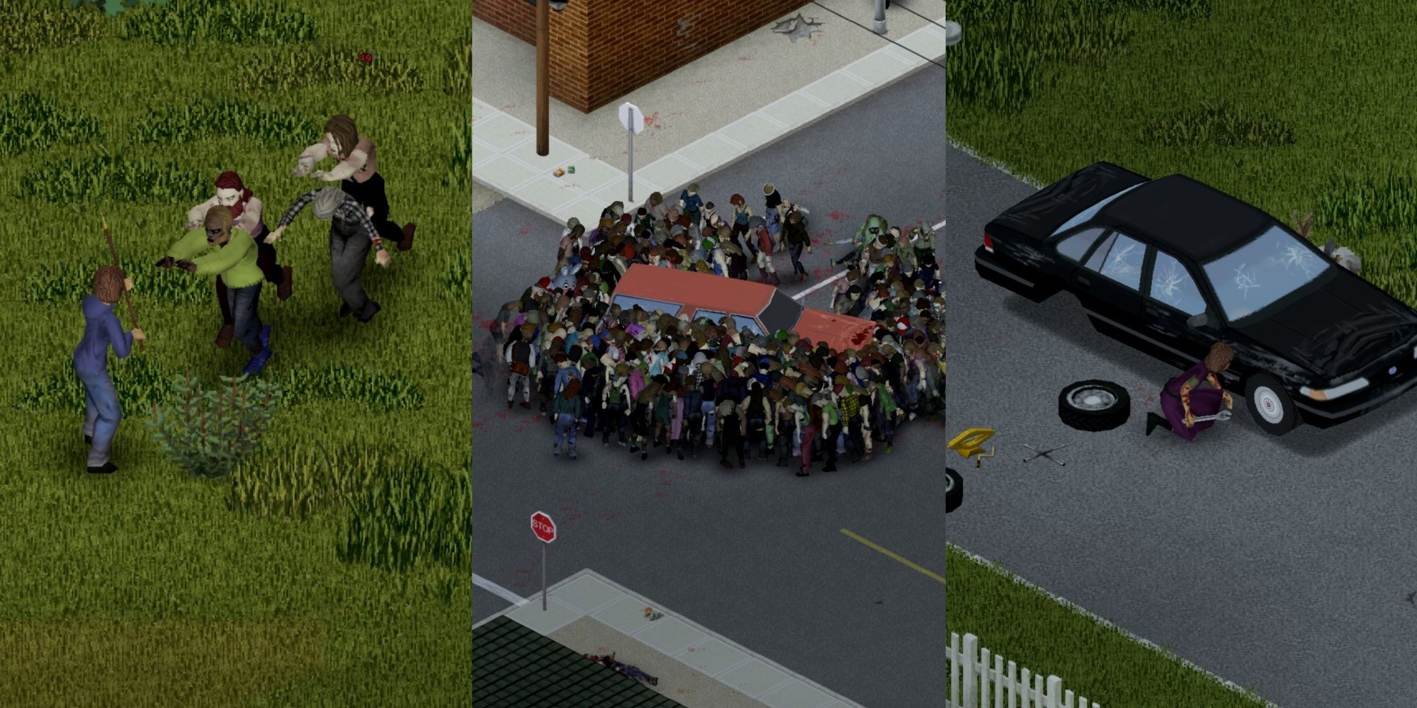 Player fighting zombies, surrounding by zombies and fixing car