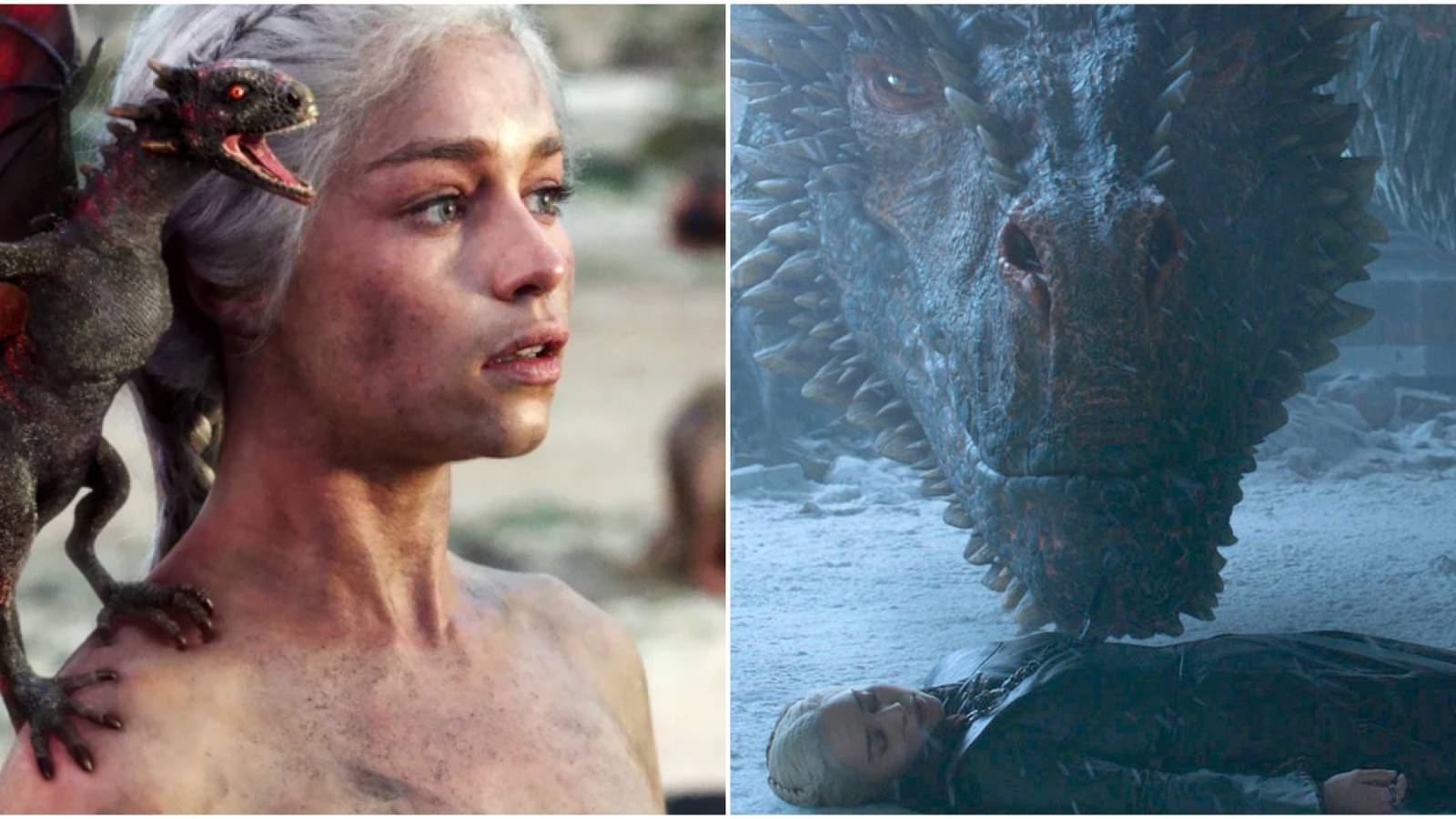 Split image of Daenerys and Drogon in Game of Thrones. 