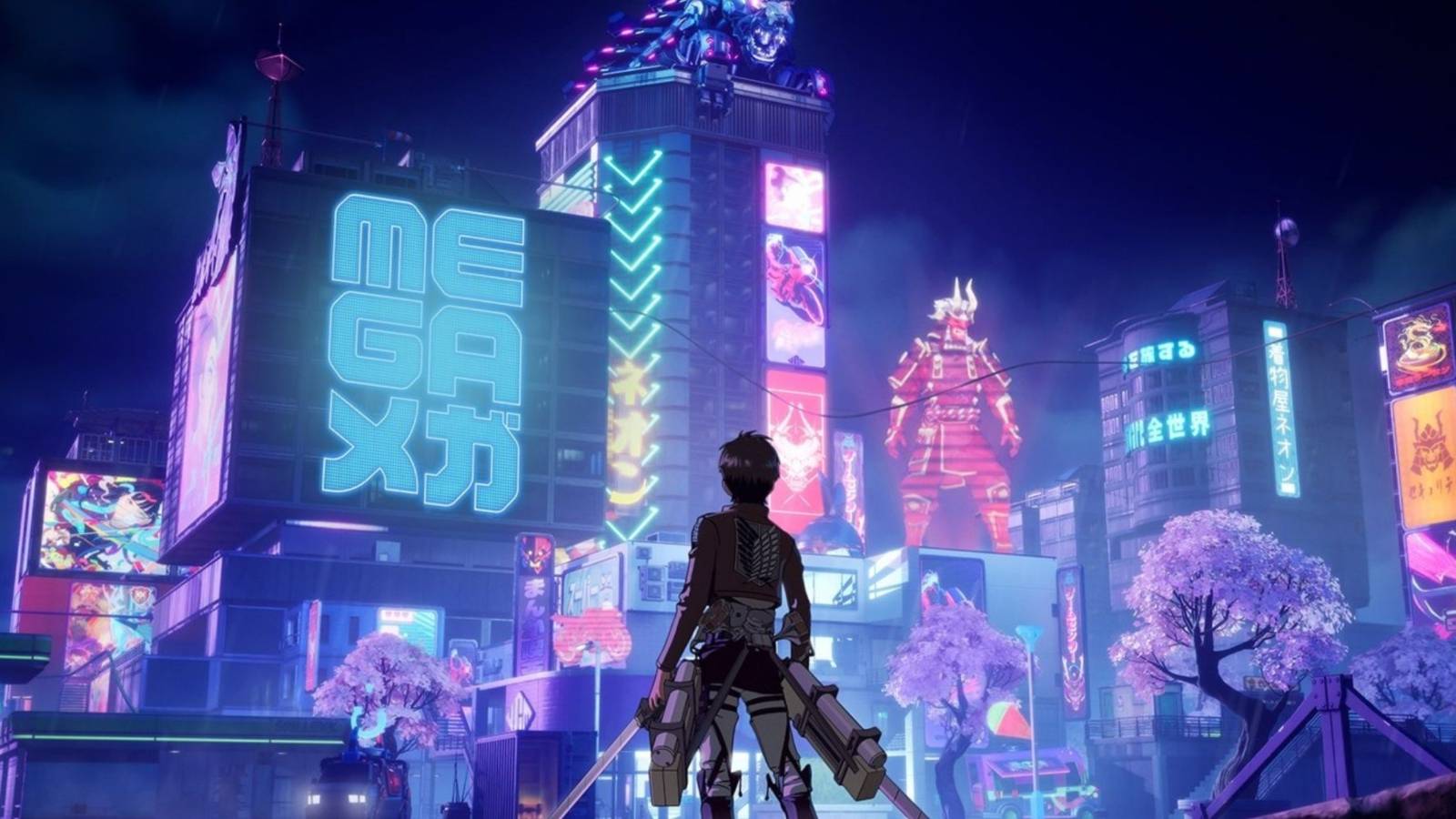 eren jaeger overlooking mega city with odm gear