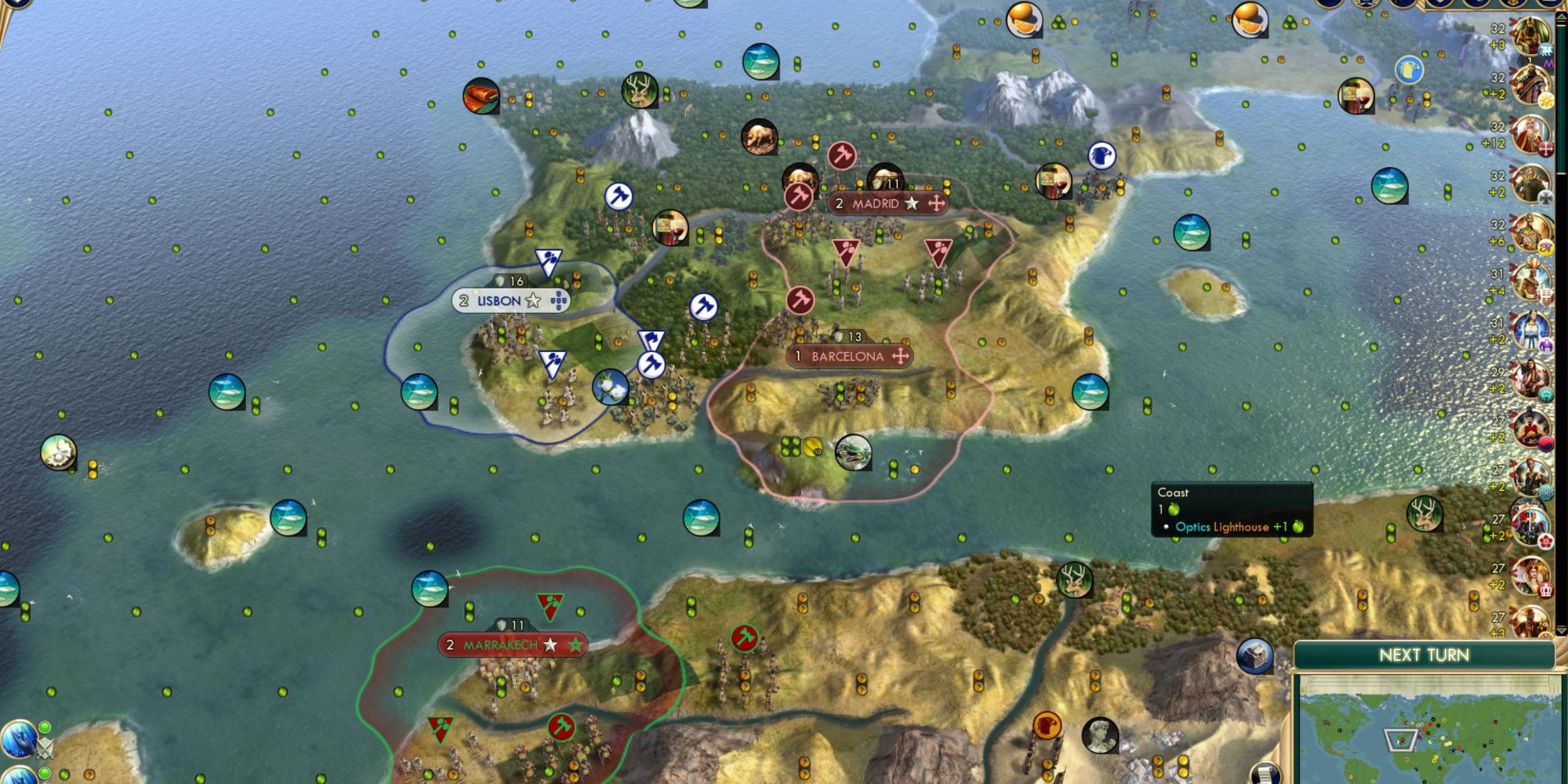 civ 5 cities on the coast around a piece of land resembling Spain