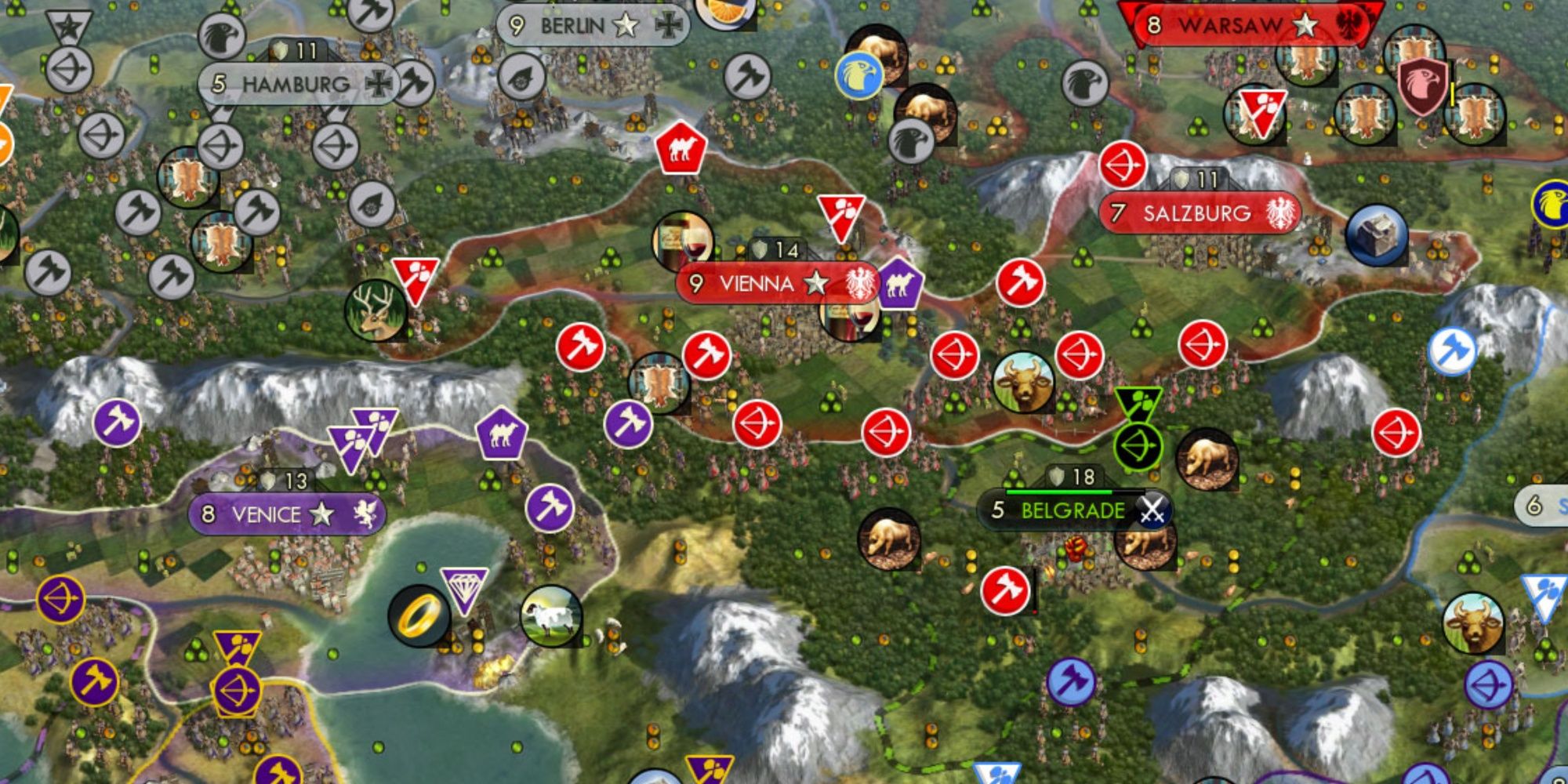Screenshot of Civ 5 with many units and borders near eachother