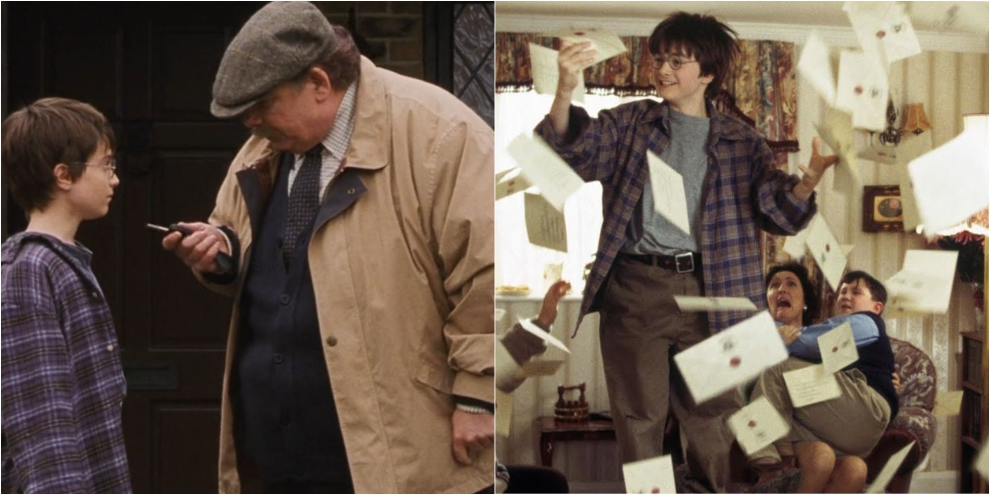 Split image of Harry Potter and Uncle Vernon and Harry trying to catch a Hogwarts letter in Harry Potter and the Sorcerer's Stone.