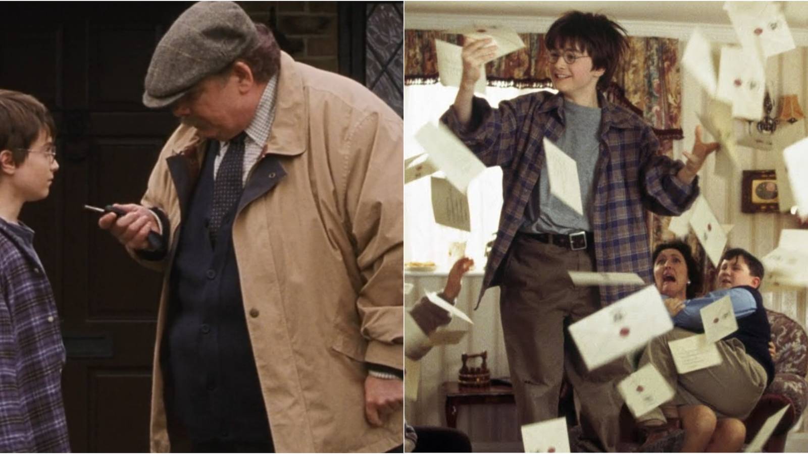 Split image of Harry Potter and Uncle Vernon and Harry trying to catch a Hogwarts letter in Harry Potter and the Sorcerer's Stone.