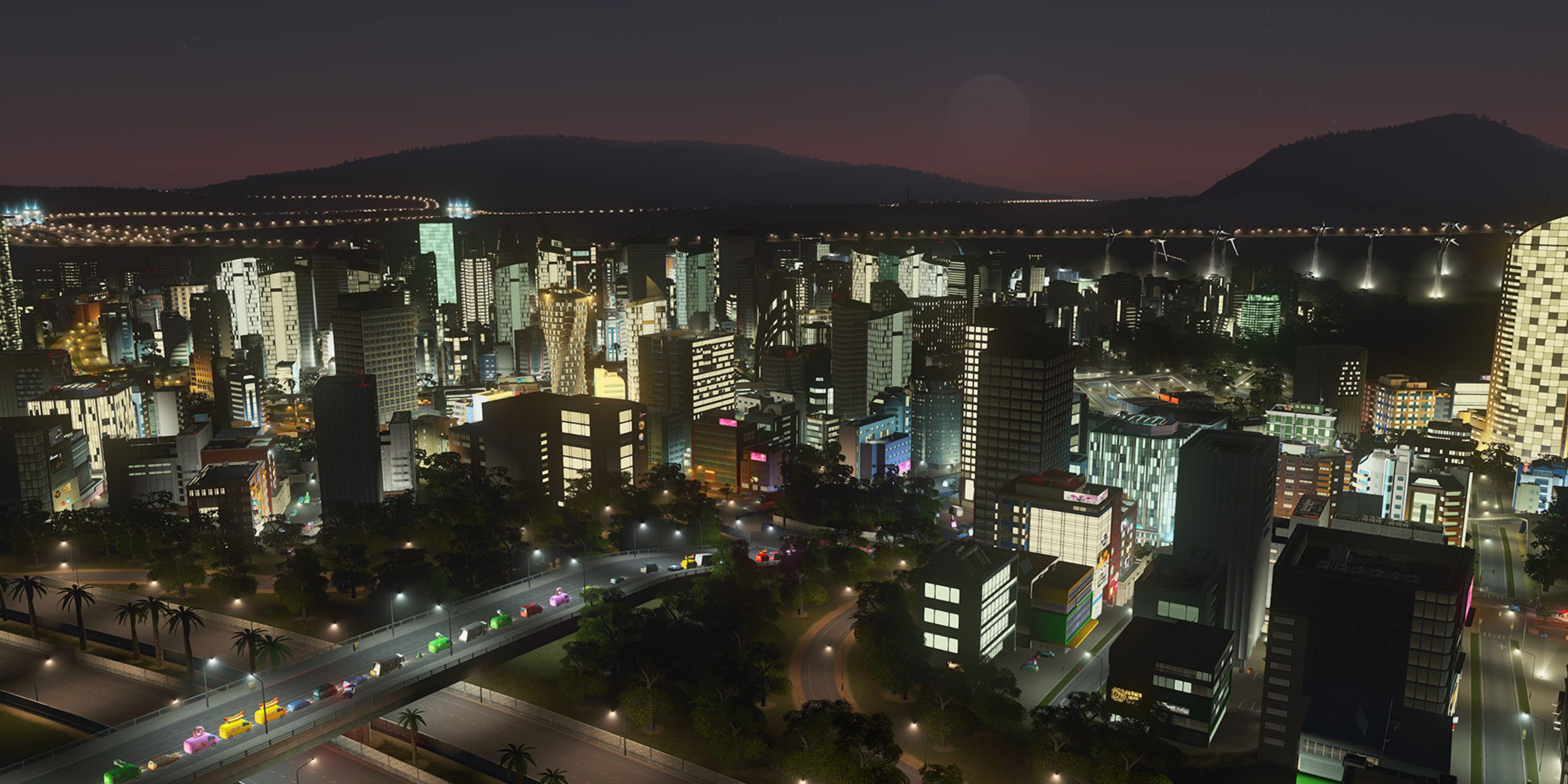 Cities: Skylines has a day/night cycle that effects how things run, causing the player to plan things differently.